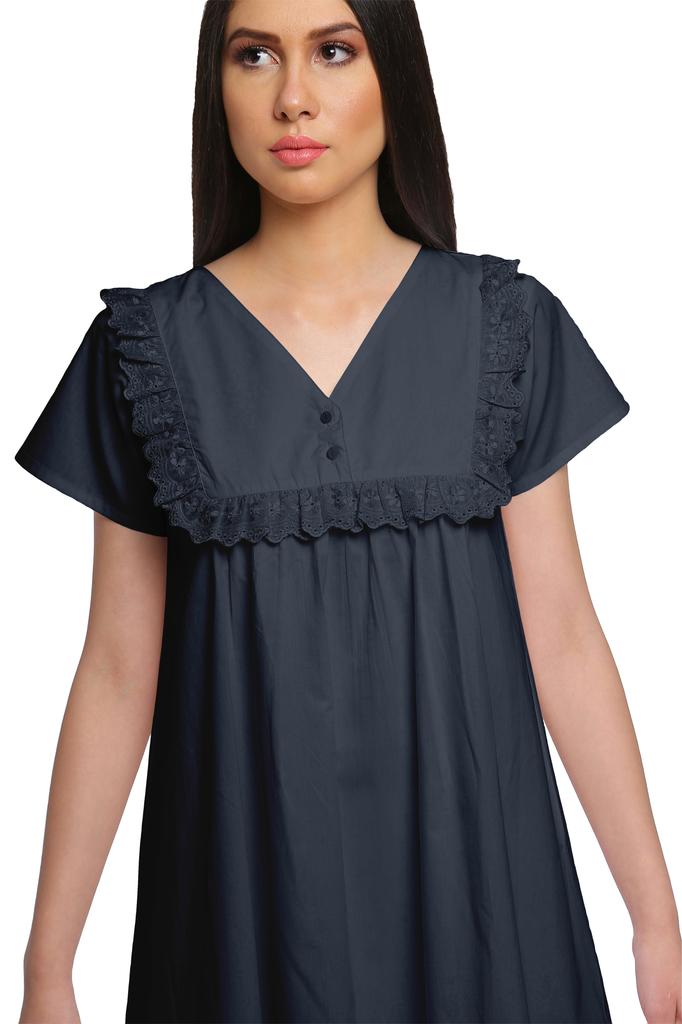 Moomaya Solid Short Sleeve Nightdress For Ladies Button Placket Nightwear