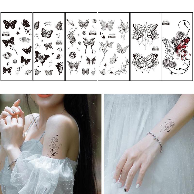 Waterproof Temporary Tattoo Stickers Black Butterfly Rose Transfer Flash Tatoo Women Sexy Neck Hand Chest Body Art Fake Tattoos