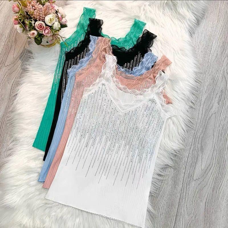 Summer New Lace Rhinestone Camisole Vest Women's Knitted Base Top
