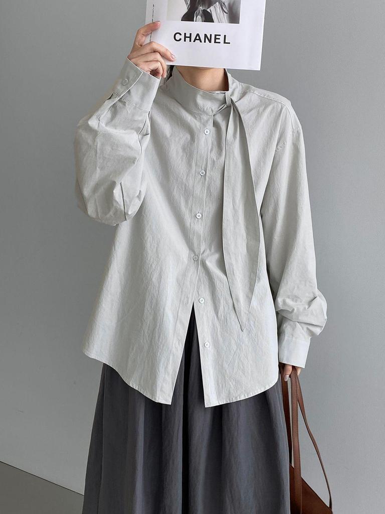 Women's French Retro 100% Cotton Ribbon Shirt - Simple, Loose, Solid Color