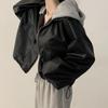 Chaqueta corta elegante vintage de otoño para mujer, estilo retro de calle, de cuero, de manga larga, con cremallera y capucha, estilo de abrigo