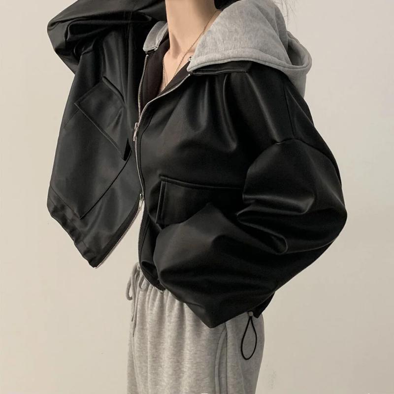 Chaqueta corta elegante vintage de otoño para mujer, estilo retro de calle, de cuero, de manga larga, con cremallera y capucha, estilo de abrigo