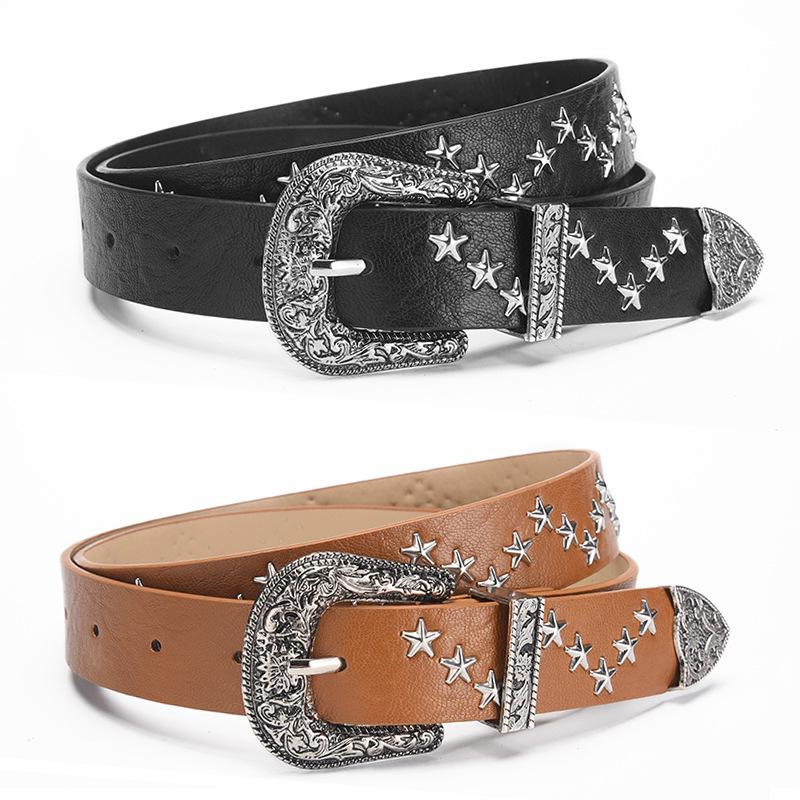 2024 Korean Niche Design Retro Belt: Women's Star-Decorated High-End Brown PU Leather Waist Belt.