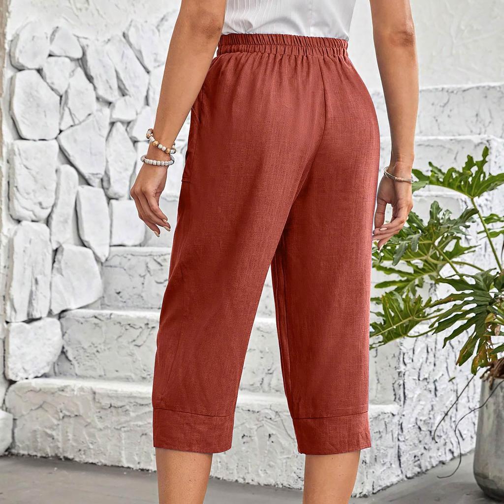 Spring and Autumn Solid Color Large Pocket Pants Elastic Waist Loose Women’s Trousers
