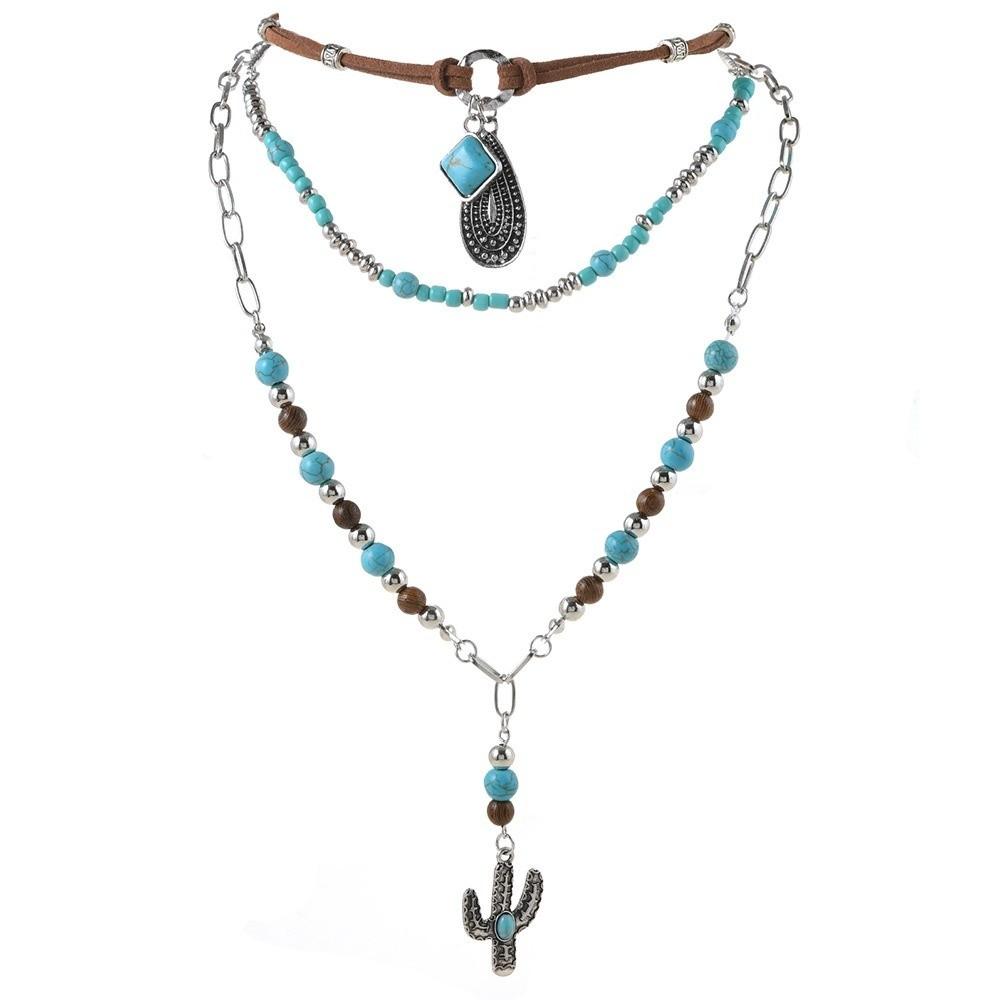 Western Beaded Layered Necklace Bohemian Clavicle Chain Turquoise Beads Pendant Necklaces Gifts