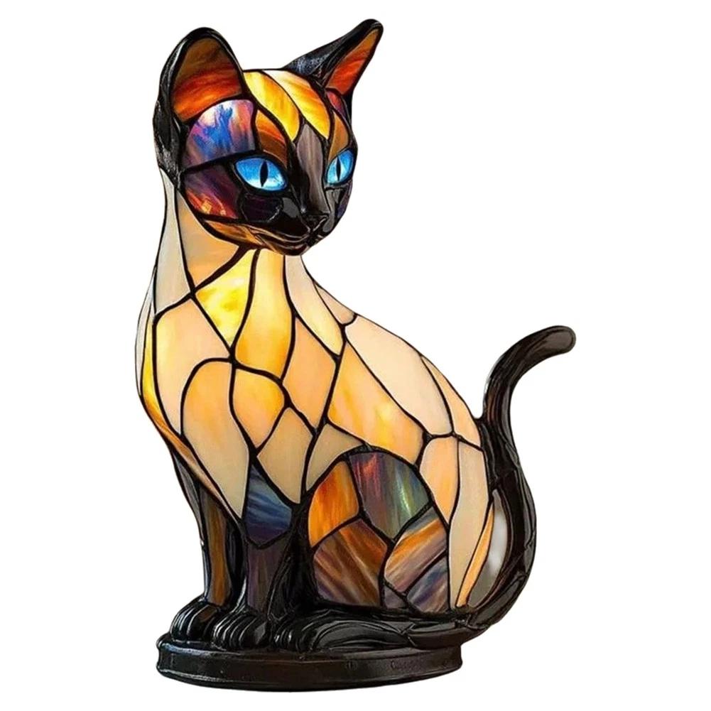 

Cute Cat Lamp Stained Glass Retro led Stained Resin Tabletop Night Light bedroom Atmosphere Lights Gift For Dog Cat Lovers разноцветный