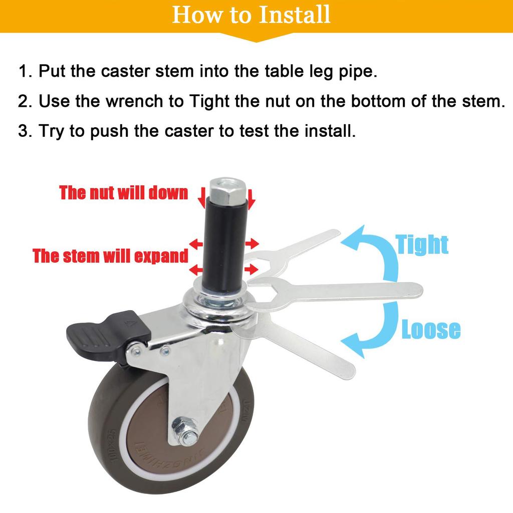 4 bucăți roți extensibile, roți din cauciuc TPE rulment cu bile încorporat pentru mesele de pregătire pentru bucătărie comercială cu tub rotund de 22-28 mm