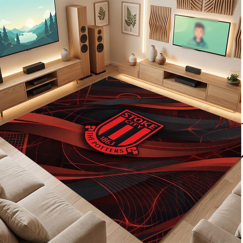Stoke City Football Print Crystal Velvet Rug, Comfortable Water Absorbent Non Slip Indoor Floor Carpet