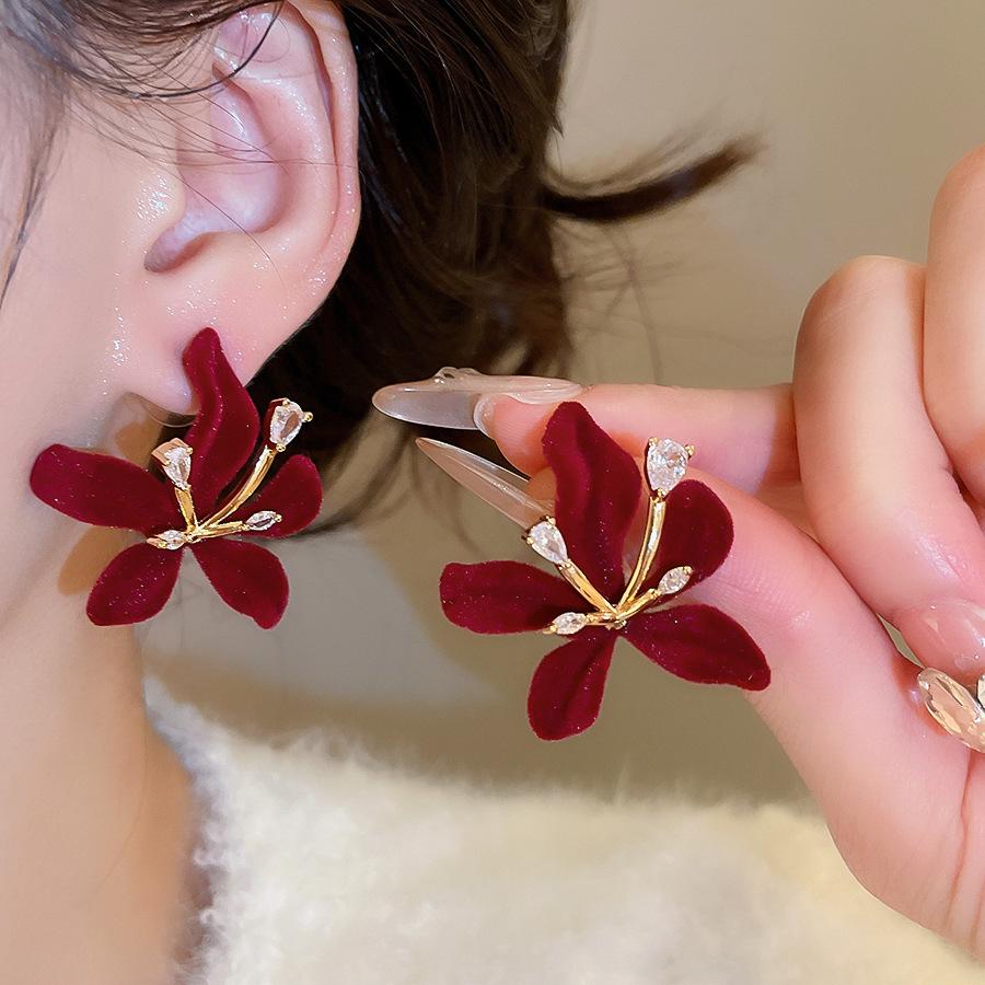 Retro Hong Kong Style Red Flocking Geometric Round Earrings Earrings Fashion Personality Temperament Earrings Women