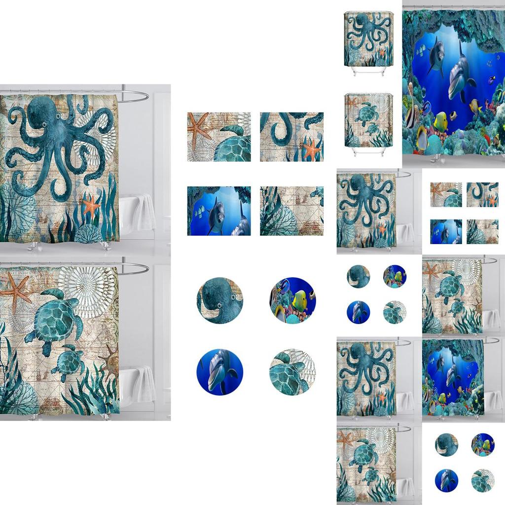 Eco-friendly Sea Turtle Octopus Shower Curtain Featuring Soft Polyester Fiber And Easy Installation Hooks