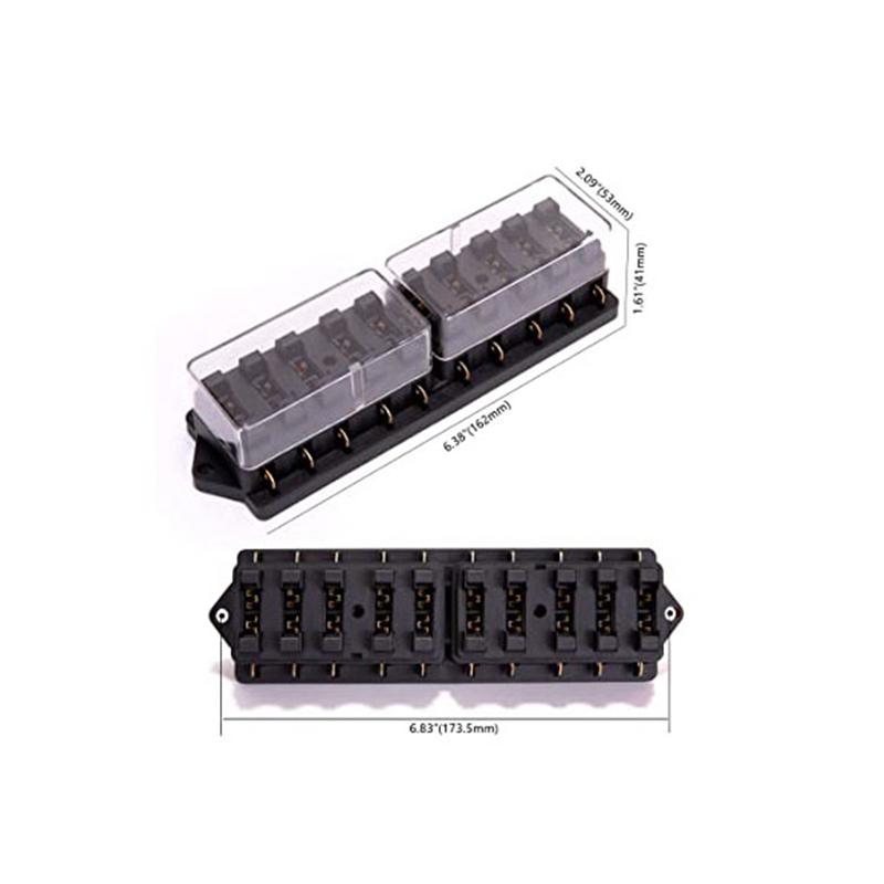 10 Way 12V-32V Circuit ATC/ATO Blade Fuse Box Block Fuse Holder with 5A 10A 15A 20A Fuses and Clip for Marine Auto