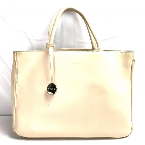 2way! FURLA Leather Shoulder Bag Handbag Beige Plain Italy Made(USED)
