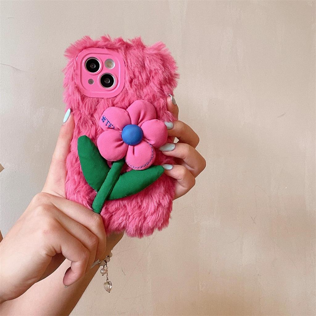 Plush 3D Flower Phone Case for iPhone 13/14/15 Pro Max - Cute Autumn/Winter Design