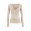 Women's V Neck Long Sleeve Lace Trim Top Slim Fit Solid Color Casual Sexy Pullover