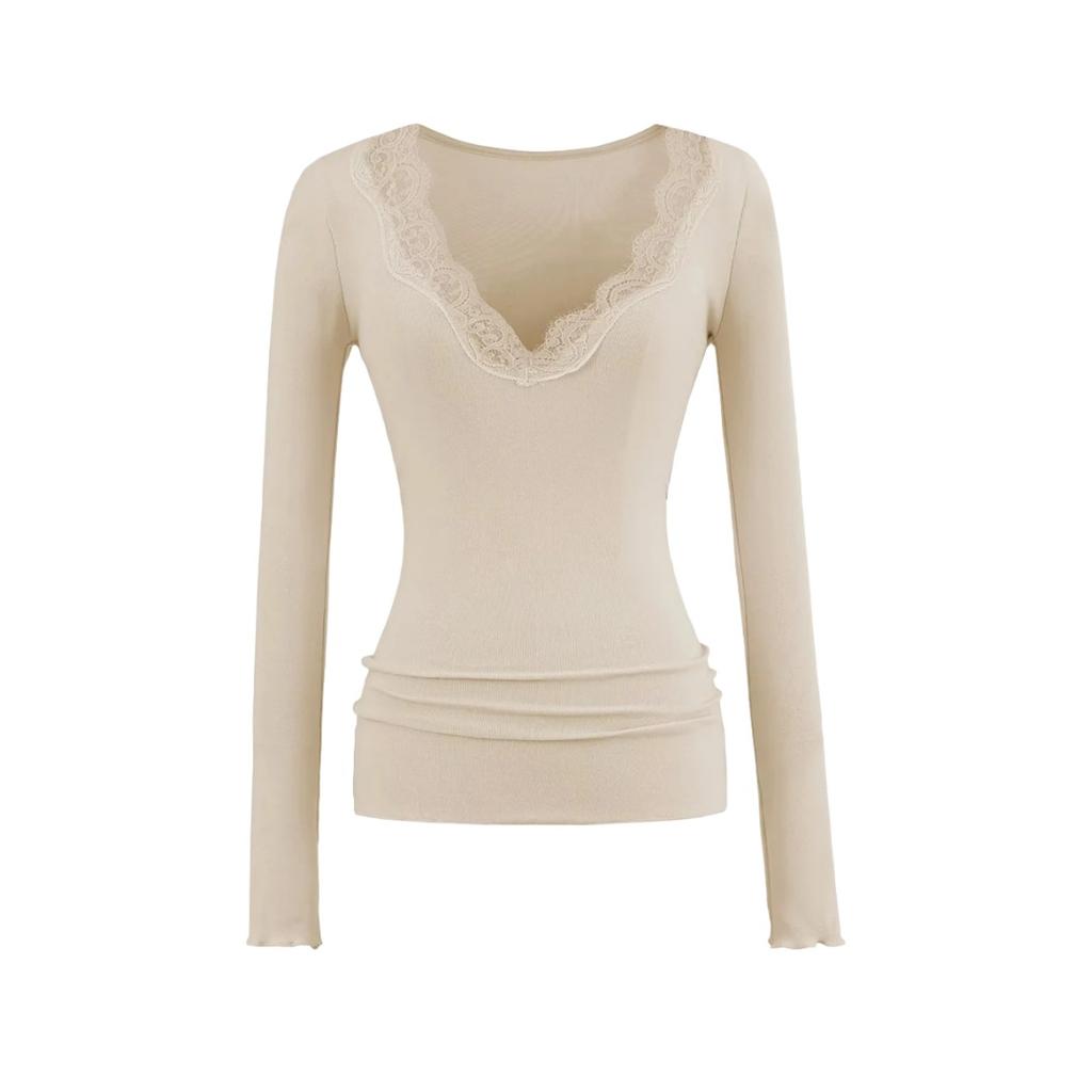 Women's V Neck Long Sleeve Lace Trim Top Slim Fit Solid Color Casual Sexy Pullover