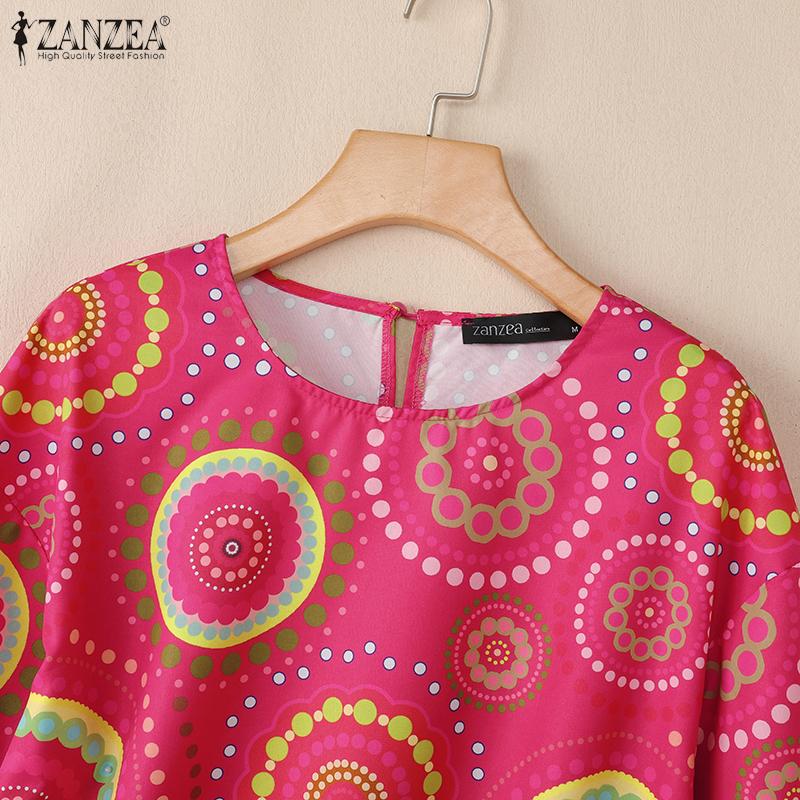 ZANZEA Women Casual Round Neck Retro Print Loose 3/4 Sleeve Blouse