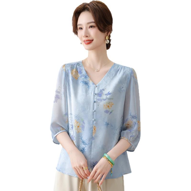 Mom's Summer Mid-Sleeve Chiffon V-Neck Shirt: Loose Print Top for Middle-Aged & Elderly Women