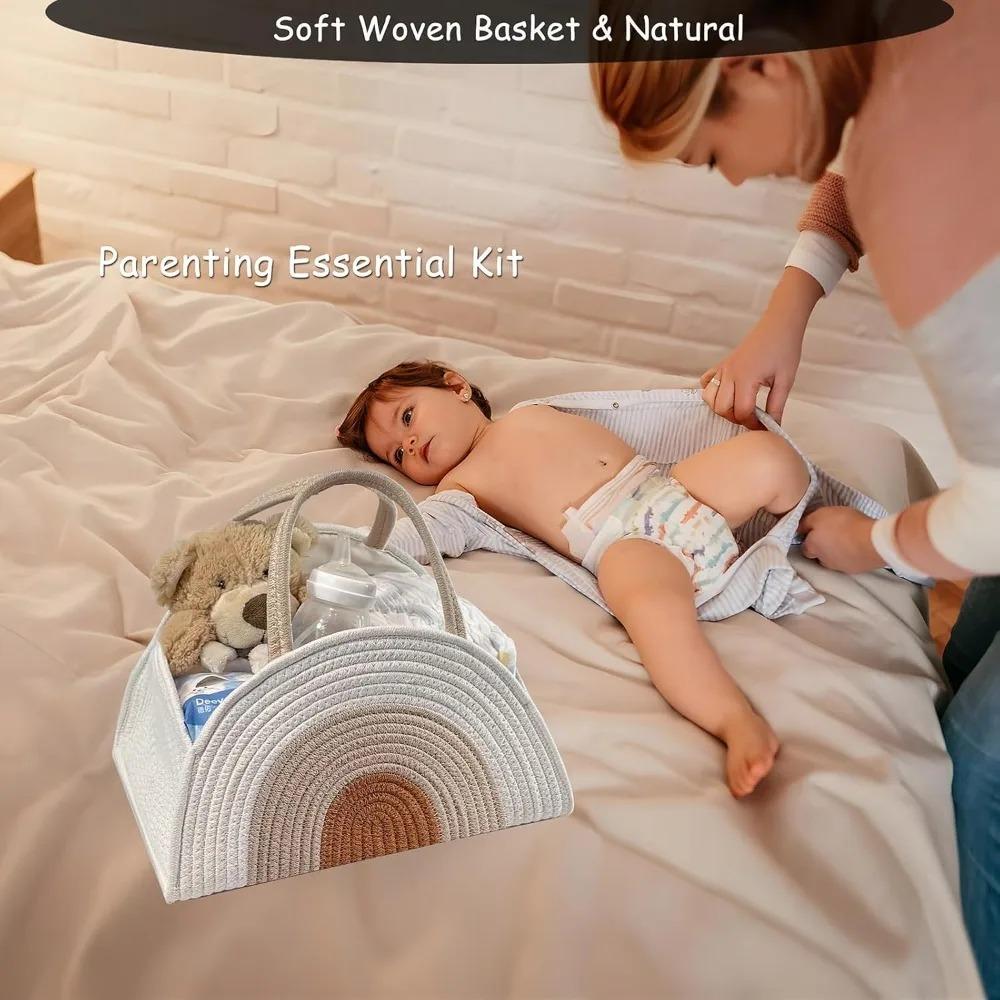 Organizér na plenky s dárkovými sáčky a stuhami - Pevný košík z bavlněného lana pro holčičku a chlapečka, nezbytnosti pro novorozence