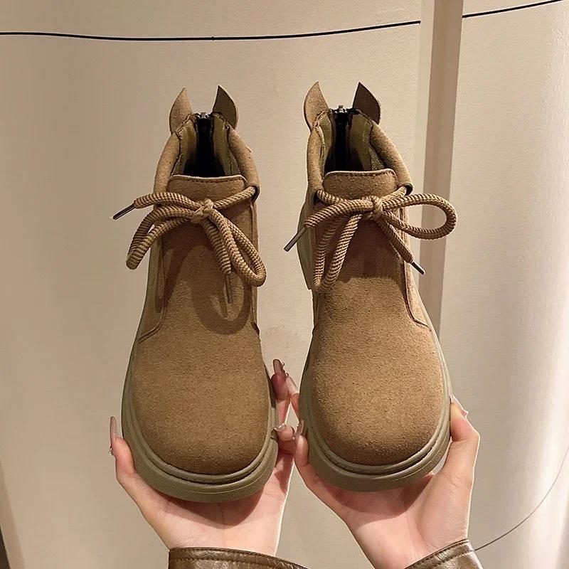 Fashion New Solid Color Women's Boots Lace-up Autumn Winter 2024 Hot Sale Fashion Back Zipper Wear Resistant Outdoors Shoes for Women