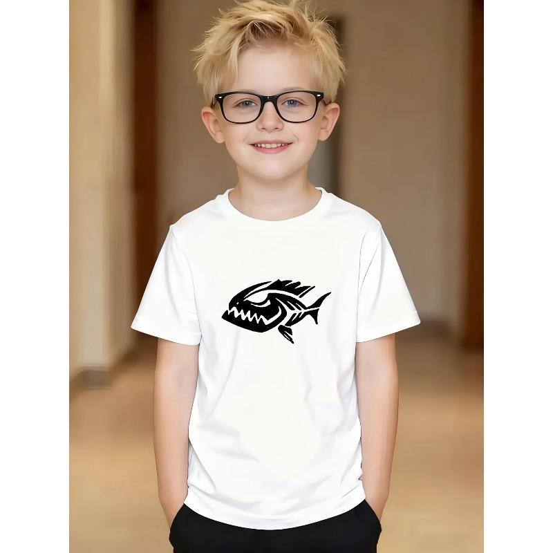 

European sizes Boys Fun Pattern T-Shirt | Fierce Piranha Print, Lightweight Breathable, Casual Fit, Ideal for Daily Wear and School 164cm білий