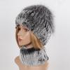 Hot Sale Women Winter Real Rex Rabbit Fur Hat Scarf Sets Natural Warm Genuine Silver Fox Fur Rex Rabbit Fur Cap Scarves 2 Pieces