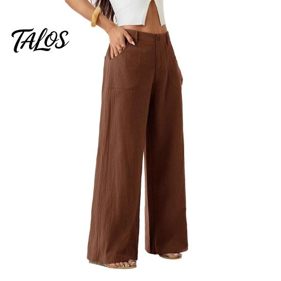 Bequeme Hose Baumwolle Leinen Weites Bein für Damen, Lockerer Knopf Elastischer Bund Arbeitsbund Freizeit Hose, Einfarbige Palazzo mit Taschen