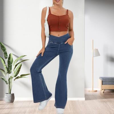 Pantaloni in denim a vita alta da donna Pantaloni in denim svasati con vestibilità leggermente slim Tasche con cintura incrociata Pantaloni in denim Streetwear