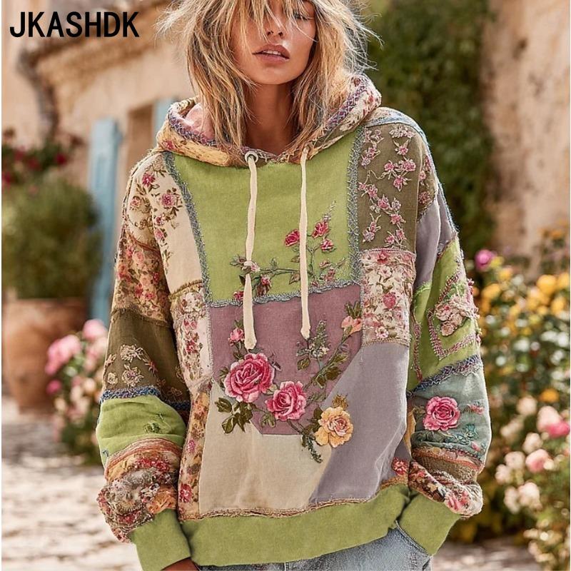 JKASHDK Women's Fashion Casual Flower Pattern Print Long Sleeve Hooded Hoodies & Sweatshirts