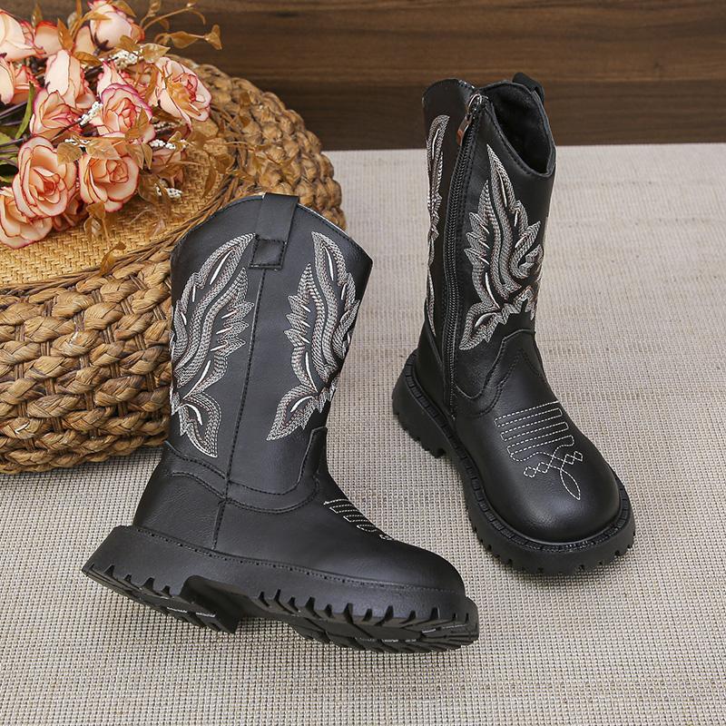 Children Leather Boots Classic Cowboy Embroidery Girls Long Booties Kids Winter Round Toe Soft Snow Shoes Fashion Snow Boots