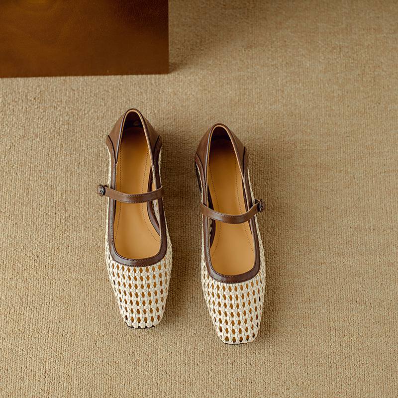 Krazing Pot Cow Skin Weaving Summer Size 41 Low Heels Party Shoes Women Square Toe Gladiator Hollow Out Pumps