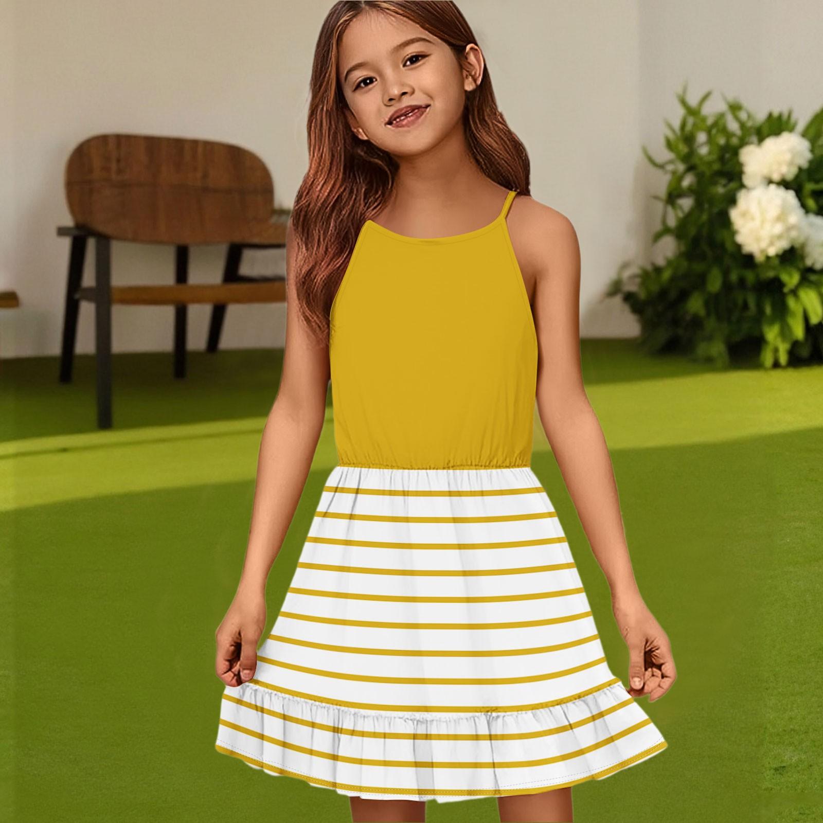 

Детское летнее повседневное модное платье с круглым вырезом, однотонное, без рукавов 130 жёлтый