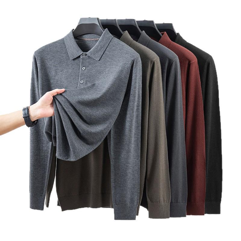 Men's Wool Silk Lapel Sweater, Solid Color, Versatile Thin Knitwear, Fashionable for All Ages.