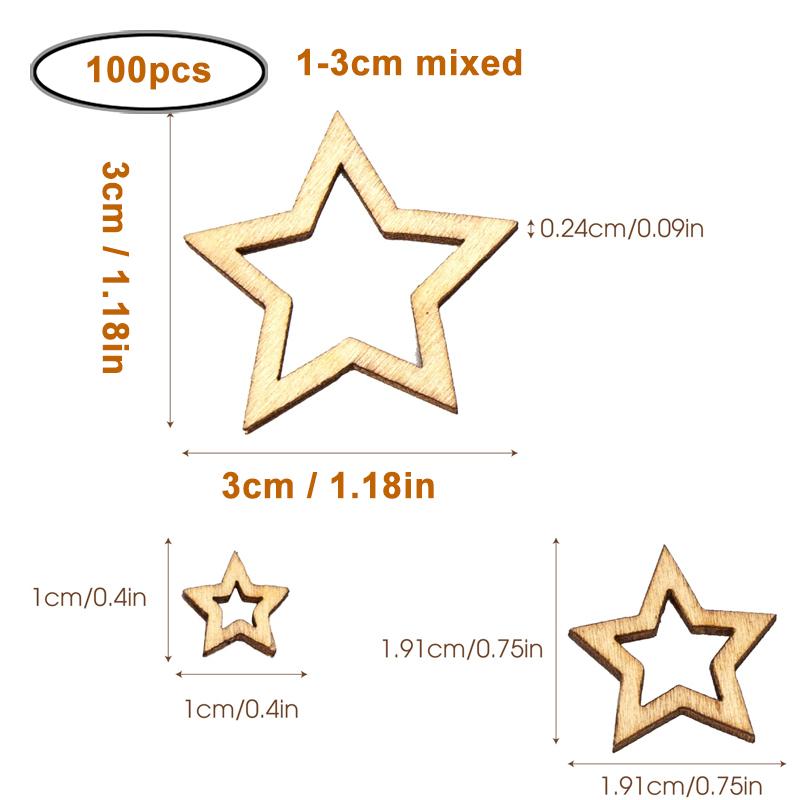 100pcs/lot Hollow Wooden Stars for Crafts, 1-3cm Wood Slice Star Shape Cutout Embellishment Pieces for DIY Art Crafting Projects