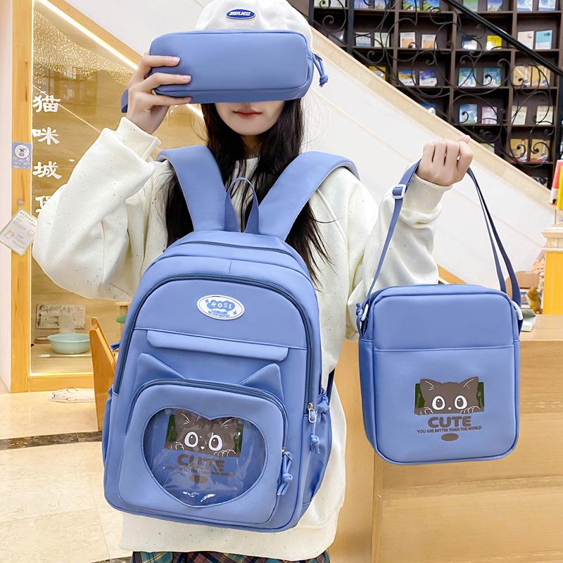 New Student Backpack for Primary and Secondary School Students Three Piece Set Large Capacity Cute Cat Class Backpack