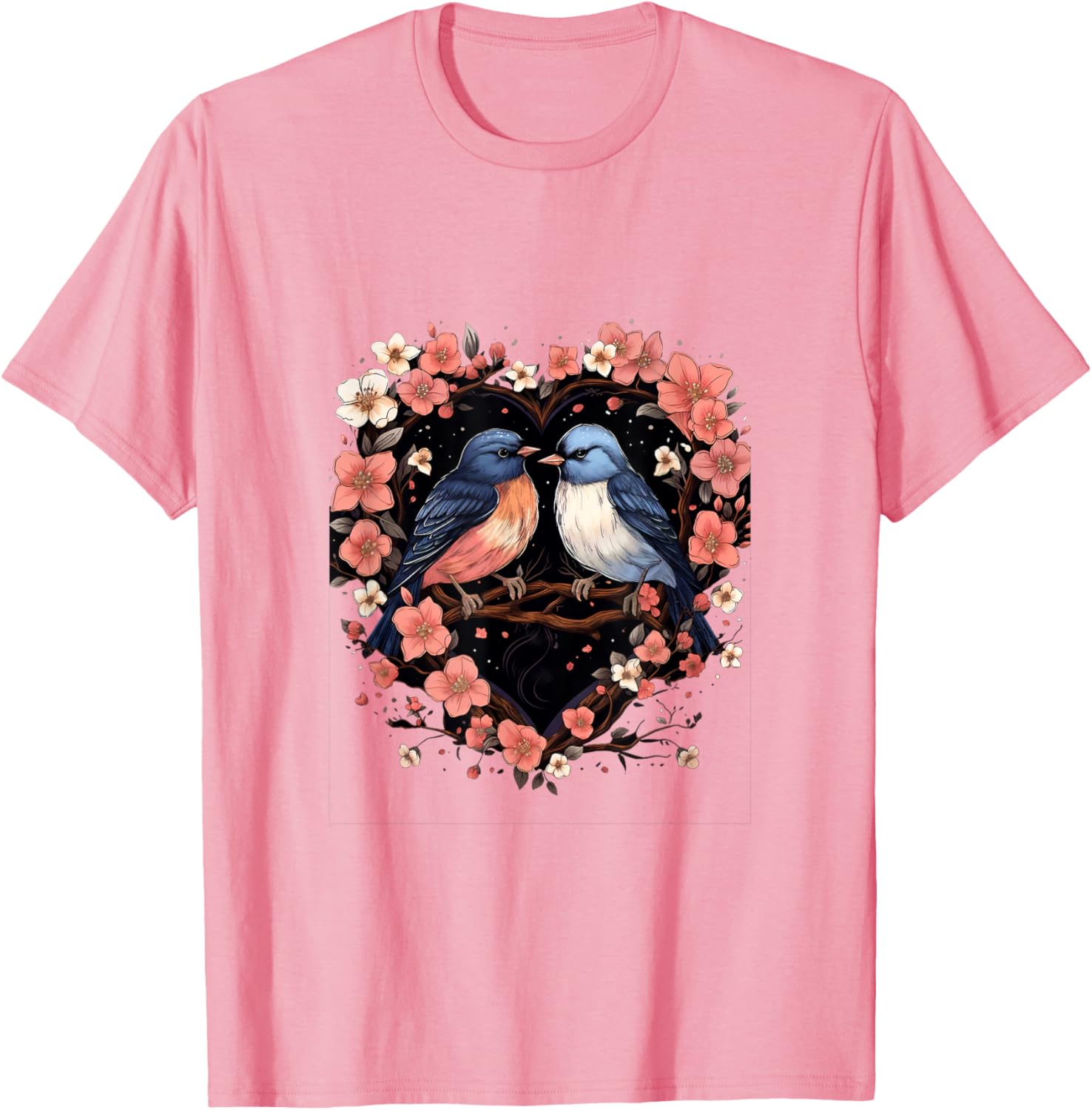 Bluebirds Cherry Blossoms Heart Graphic Tee Breathable Cotton Casual Daily T-Shirt S