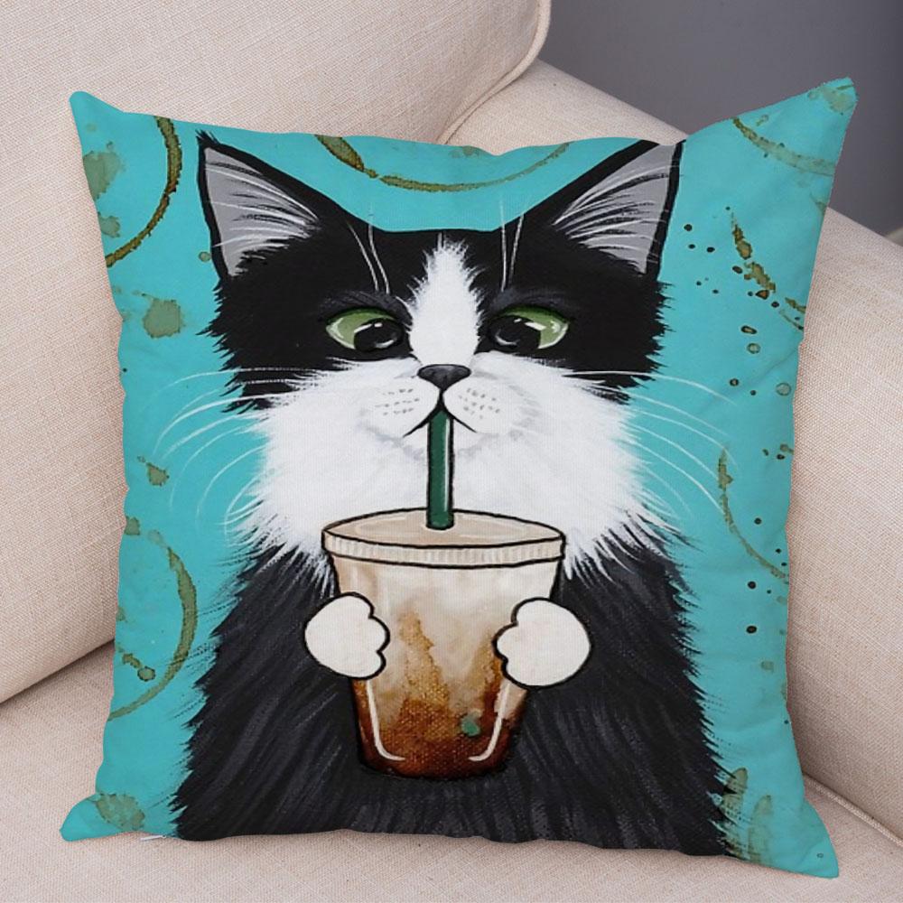 Bedroom Cute Funny Cartoon Coffee Cat Pillowcase Decoration Pet Animal Pillowcase Cushion Cover Sofa Home Car