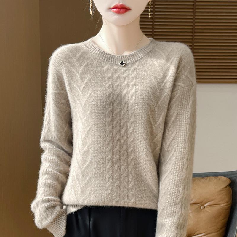 Women's Pure Wool Cable Knit Pullover - Thick Autumn/Winter Round Neck, Loose Fit Cashmere Sweater