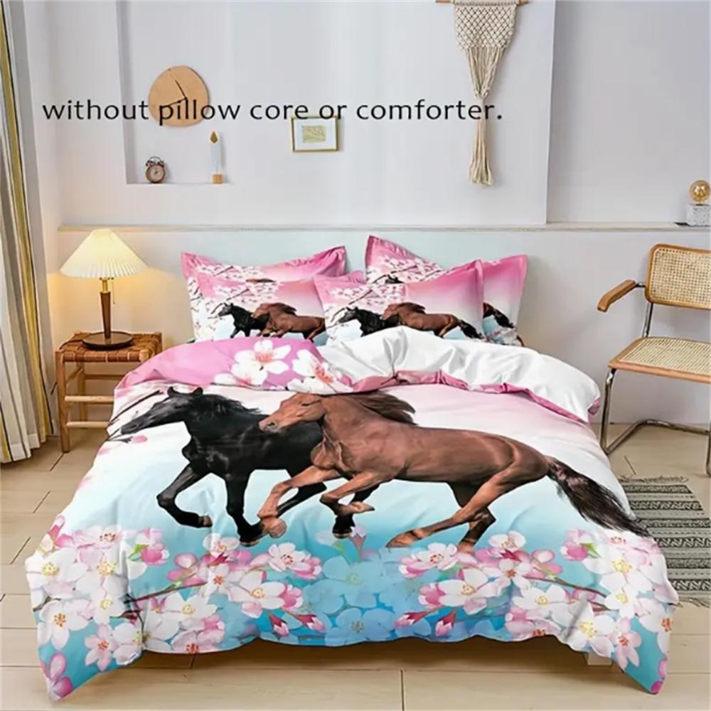 3-Piece Floral & Equestrian Duvet Cover Set - Luxurious Softness, Breathable Comfort, Vibrant Horse Print - Perfect for Bedrooms