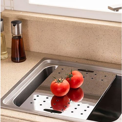 Expandable Over-the-Sink Cutting Board, Stainless Steel, Dish Drainer Rack, Kitchen Board, Tabletop Cutting Board, Dish Drainer with Drain Holes, Larg