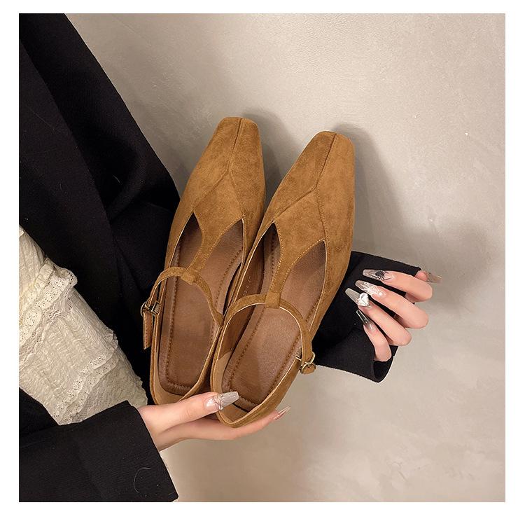French small square head retro thick heel suede single shoes women's autumn design buckle Mary Jane shoes