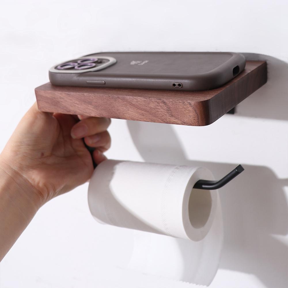Natural Walnut Wooden Toilet Paper Holder Wall-Mounted Phone Holder Shelf  Home