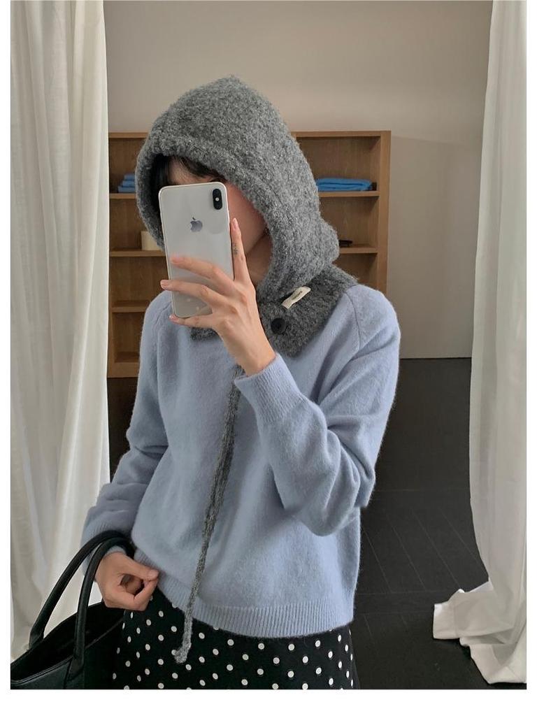 Women's Blue Knitted Wool Balaclava Scarf: Warm Ear Protection for Autumn & Winter