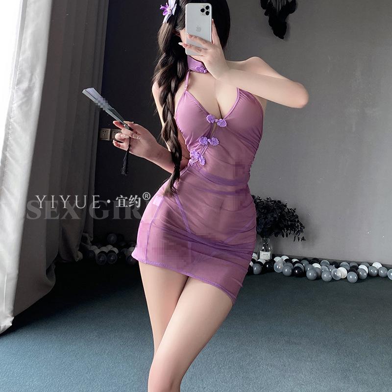 Erotic Lingerie, Sexy ancient-style purple Cheongsam, Women's See-through, hip-hugging, lace-up uniform, Women's no-shirt-off Set 1023