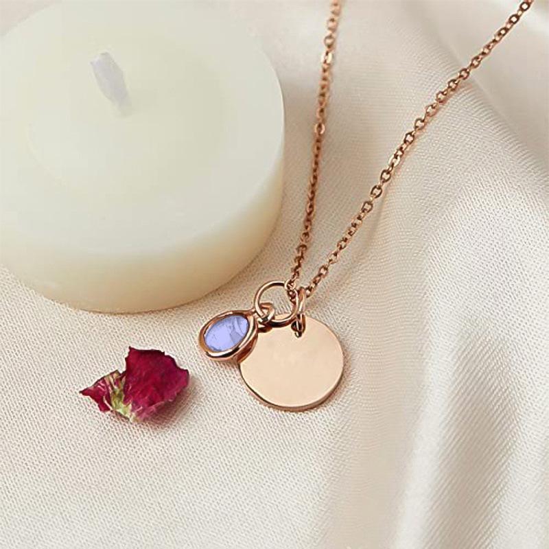 Round Stainless Steel Engravable Necklace with Birthstone Charm