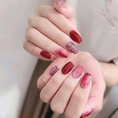 Secret Lives Glossy Reusable Artificial Designer Press On Nails Red & Pink Color With Glitter Design Fake False 24 Pieces Set With Kit