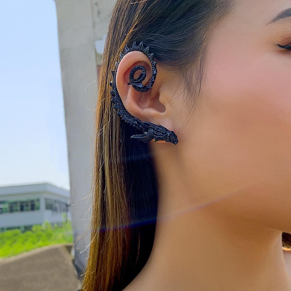 Punk Personality Single Ancient Silver Dragon Shape Stud Earring Ear Hanging for Women Hip-hop Street Style Hot Girl Jewelry