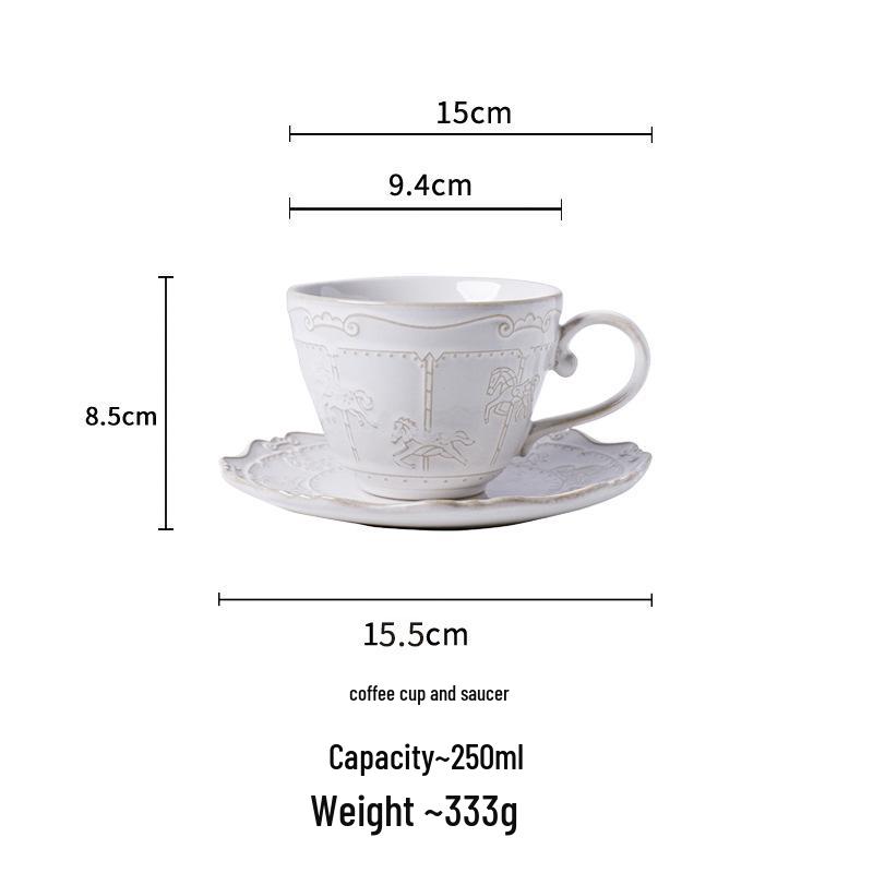 French Retro Embossed Ceramic Coffee Cup & Saucer Set for Afternoon Tea or Latte Art