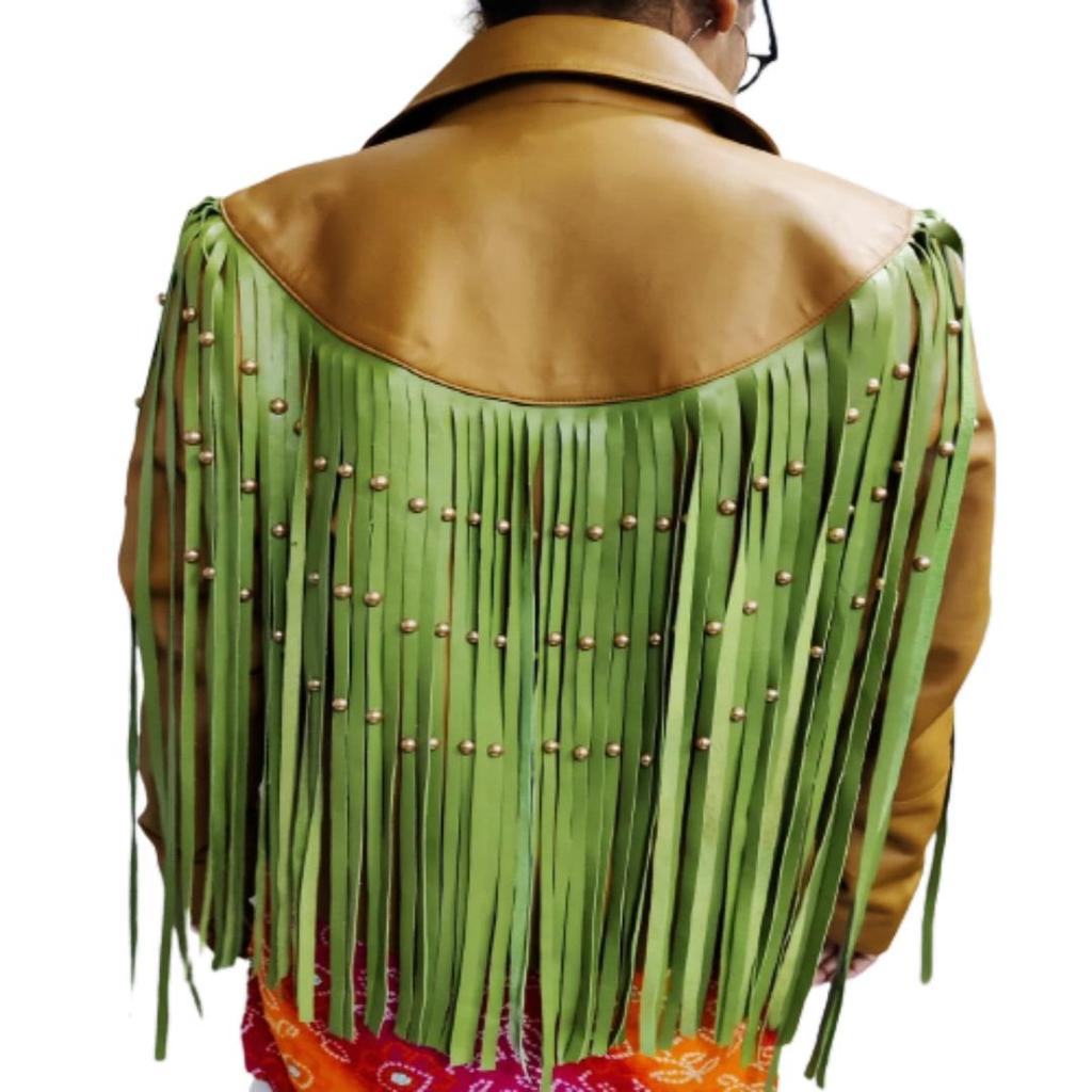 NOORA Womens Lambskin Leather Beige & Light Green Color Jacket | Motor Biker Fringe Style Jacket | Beautiful Gift For Her