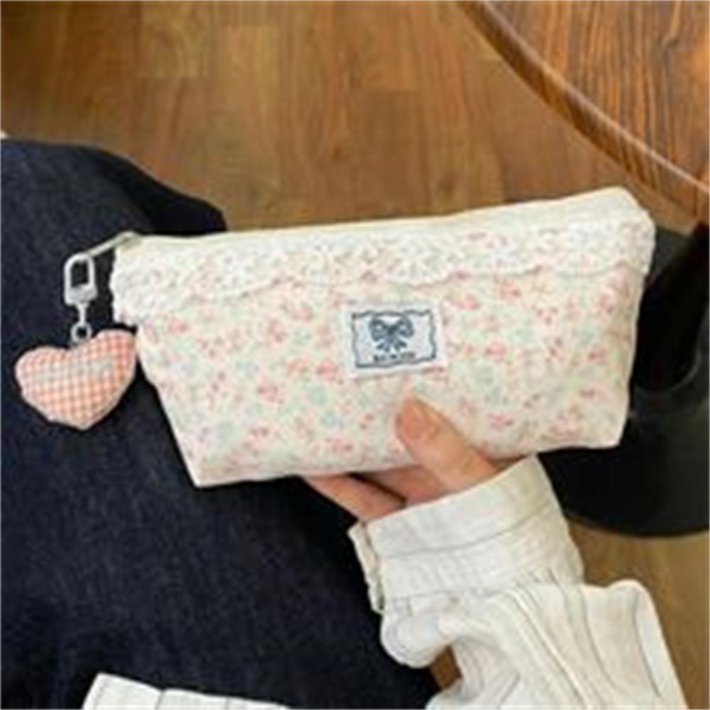 

Lace Pencil Case Portable Fabric Pencil Holder Floral Pencil Bag Lace Stationery Box For Desk School розовый