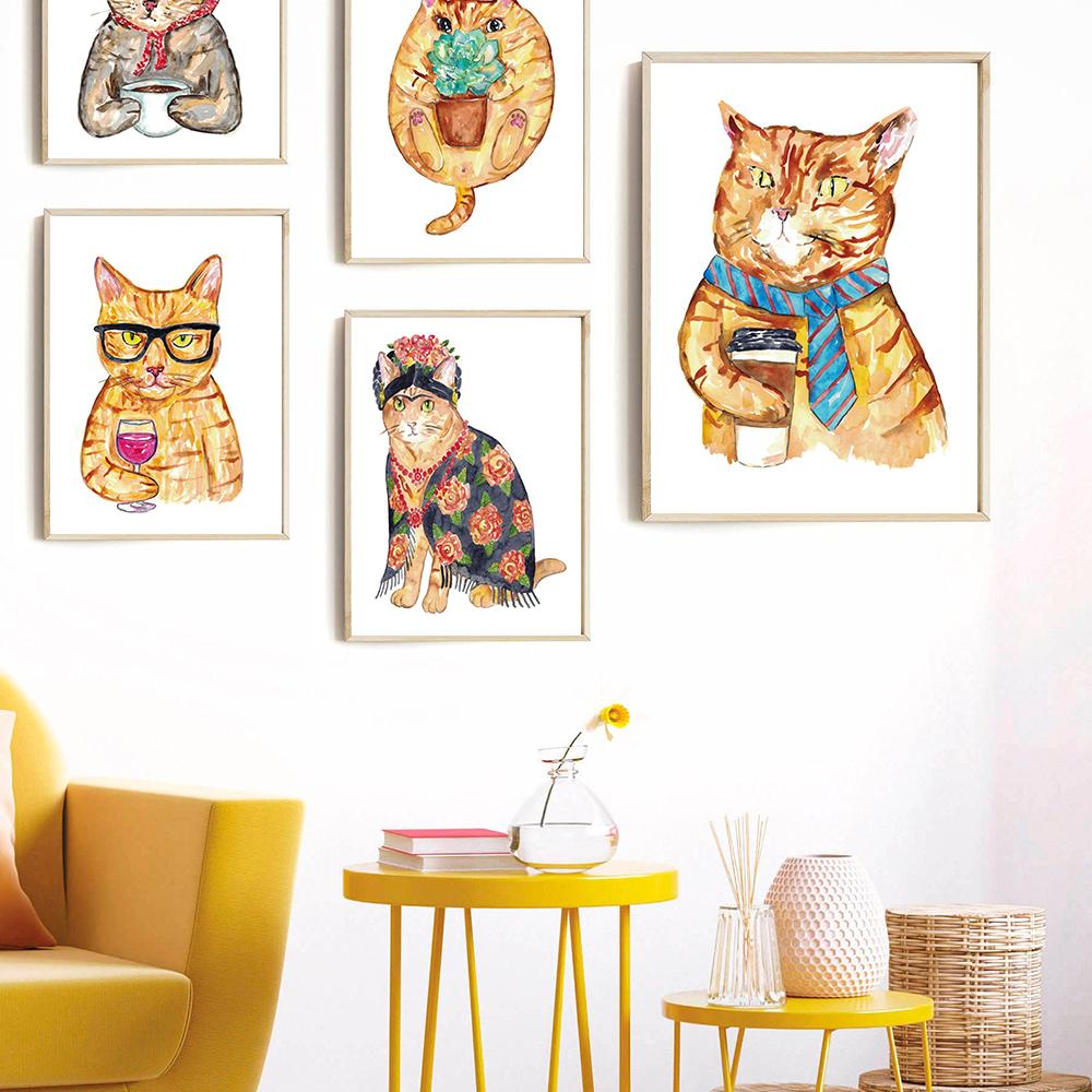 Cat Drinking Coffee Wine Painting Wall Poster Watercolor Art Print Funny Nursery Kitchen Canvas Cute Animal Room Home Decor